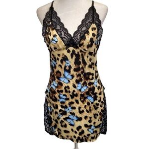 LEOPARD & BUTTERFLY PRINT  Lace Trim Sleep Dress, Night Gown, Chemise